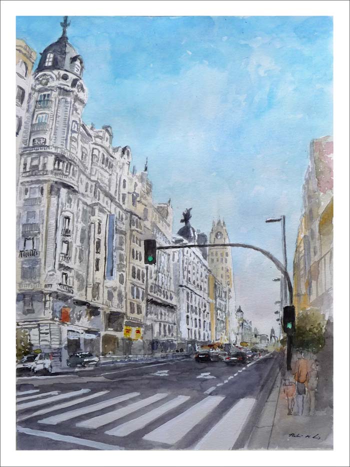 Acuarela de la Gran Vía de Madrid realizado por Rubén de Luis