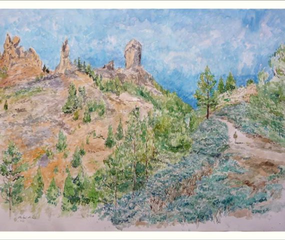 Cuadro en acuarela de un paisaje del Roque Nublo en las Palmas de Gran Canaria pintado por Rubén de Luis