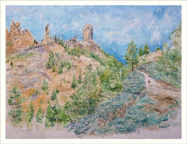 Cuadro en acuarela de un paisaje del Roque Nublo en las Palmas de Gran Canaria pintado por Rubén de Luis