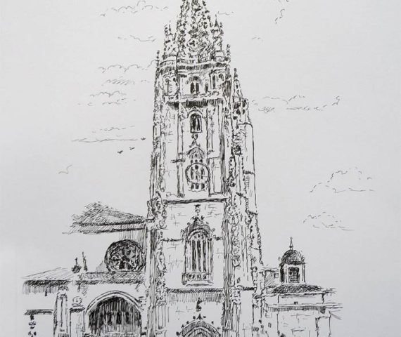 Dibujo de la Catedral de Oviedo realizado por el pintor Rubén de Luis