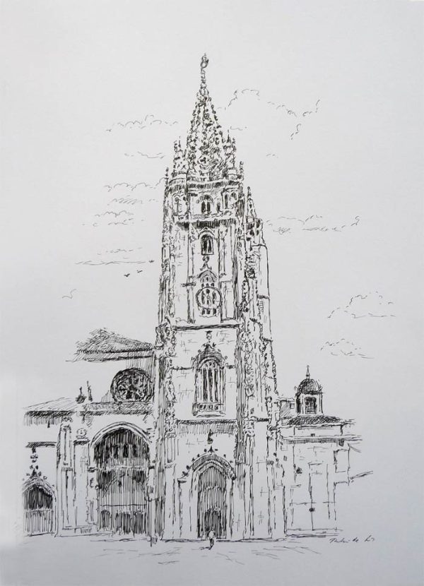 Dibujo de la Catedral de Oviedo realizado por el pintor Rubén de Luis