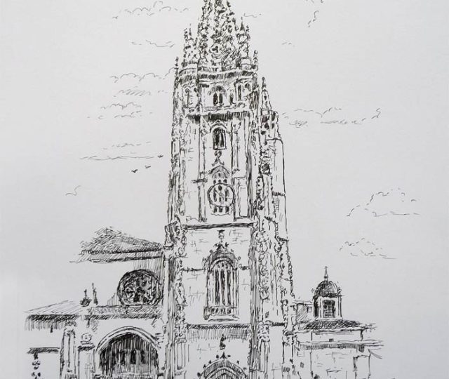 Dibujo de la Catedral de Oviedo realizado por el pintor Rubén de Luis