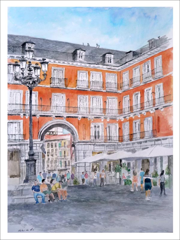 Cuadro en acuarela de la Plaza Mayor de Madrid del Arco de Cofreros realizado por Rubén de Luis