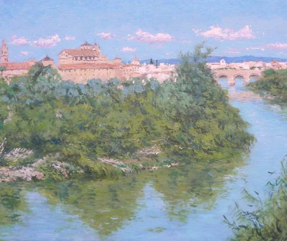 Cuadro al oleo de Córdoba desde el río Guadalquivir pintado por Rubén de Luis