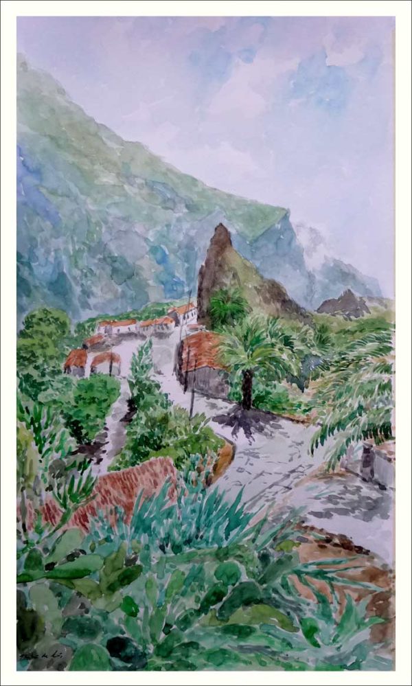 Acuarela de un paisaje de Masca perteneciente a Buenavista del Norte en Tenerife pintada por Rubén de Luis