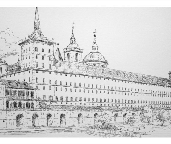 Dibujo a tinta del Monasterio de San Lorenzo del Escorial, Madrid, realizado por el pintor Rubén de Luis.