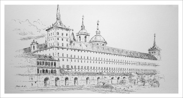 Dibujo a tinta del Monasterio de San Lorenzo del Escorial, Madrid, realizado por el pintor Rubén de Luis.