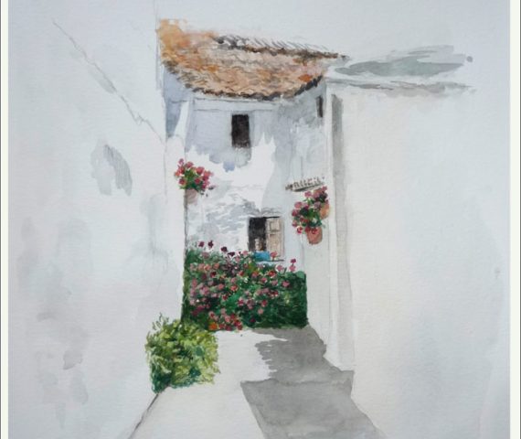 Acuarela de una calle del pueblo de Cabra en la provincia de Córdoba pintado por el artista Rubén de Luis