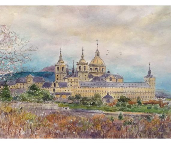 Acuarela del Monasterio de San Lorenzo del Escorial en Madrid en una acuarela de Rubén de Luis.