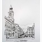 Dibujo a tinta de la Puerta del Sol, Madrid