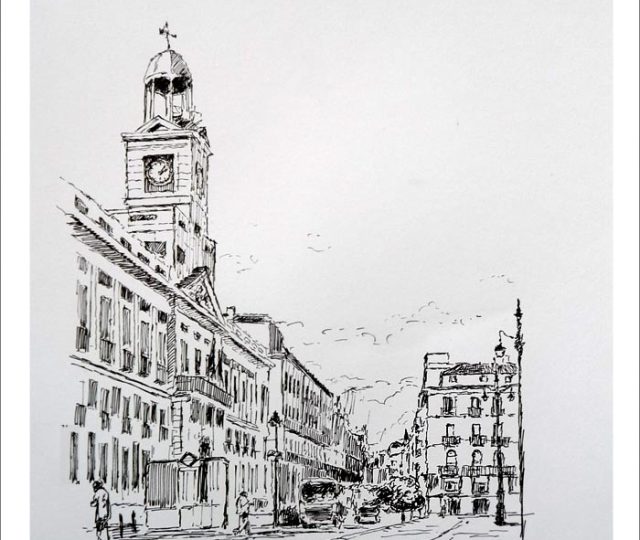 Dibujo a tinta de la Puerta del Sol de Madrid del pintor Rubén de Luis