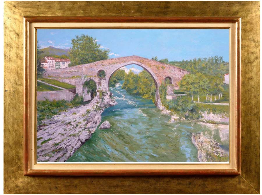 Un cuadro al oleo del puente medieval de Cangas de Onís en Asturias pintado por Rubén de Luis