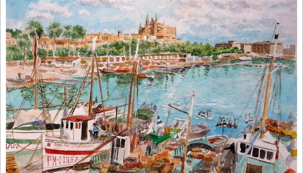 Acuarela del puerto de Palma de Mallorca pintada por Rubén de Luis