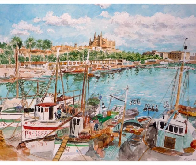 Acuarela del puerto de Palma de Mallorca pintada por Rubén de Luis