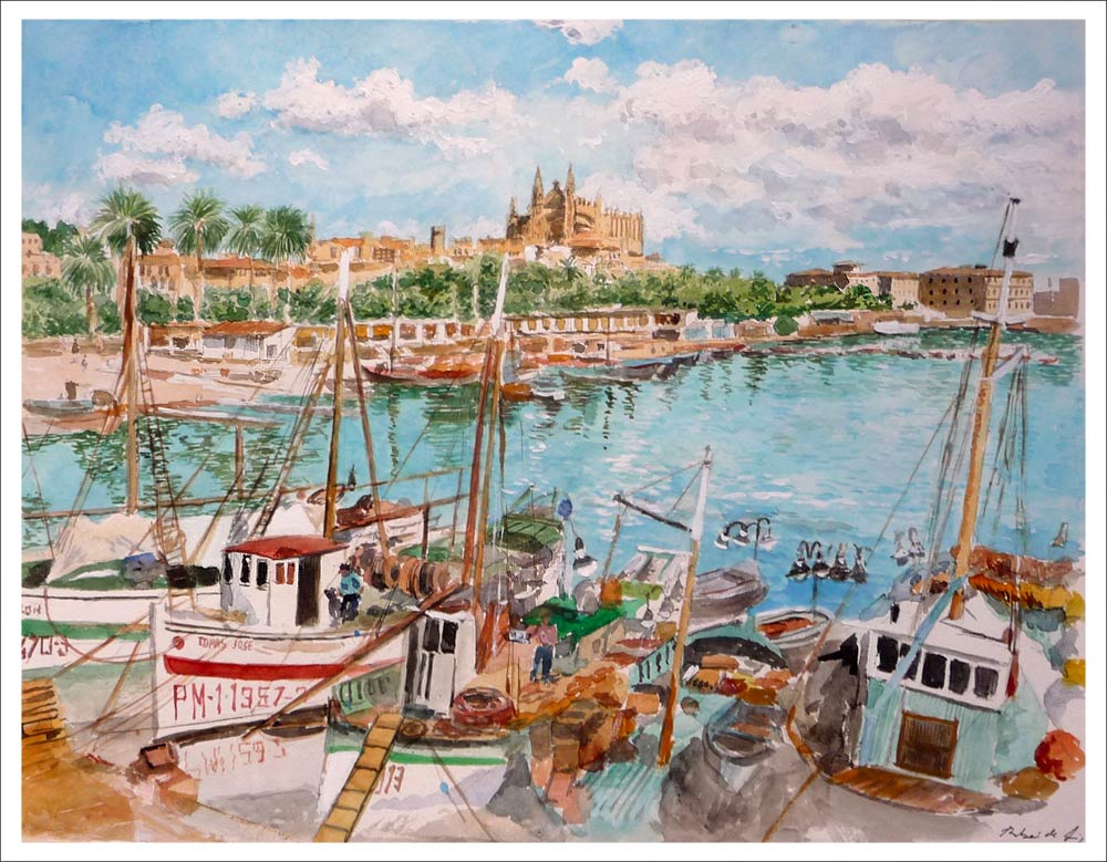 Acuarela del puerto de Palma de Mallorca pintada por Rubén de Luis