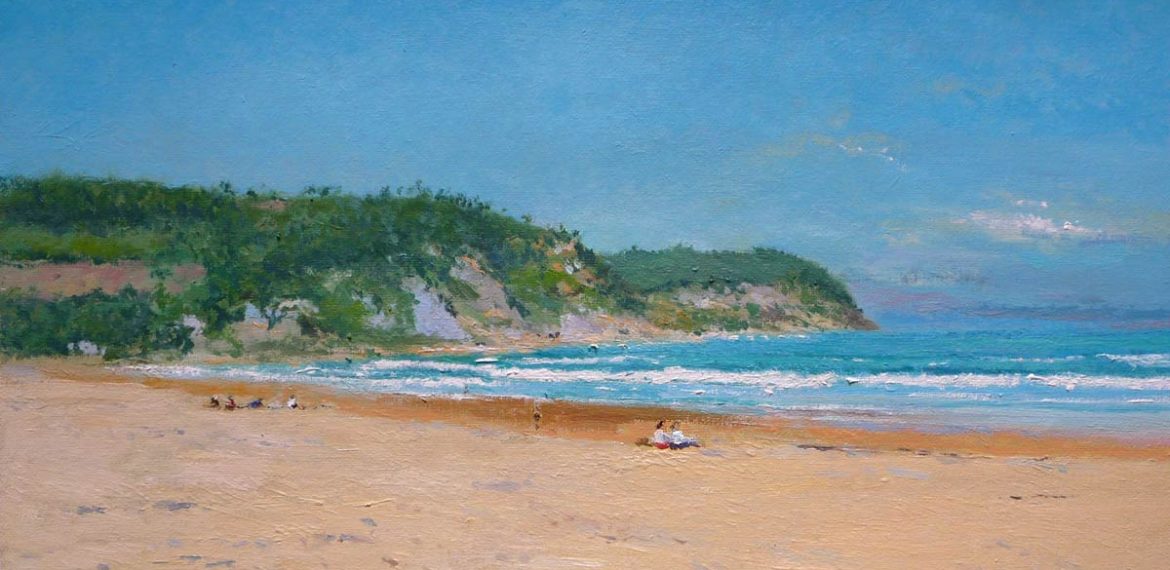 Cuadro al oleo de la playa de Rodiles, Asturias, pintado por Rubén de Luis