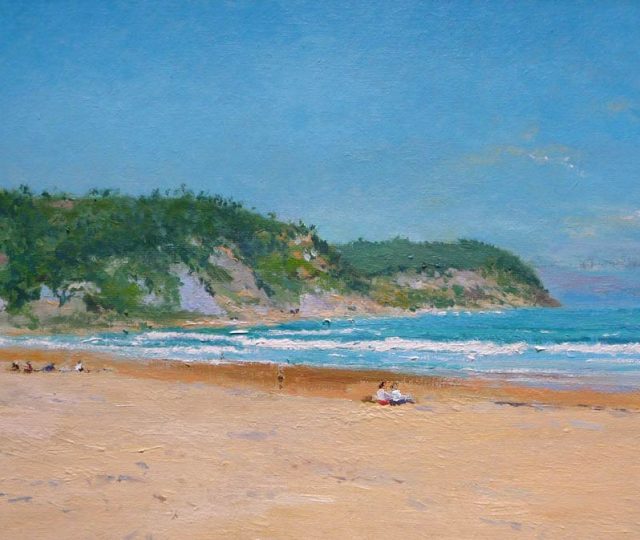 Cuadro al oleo de la playa de Rodiles, Asturias, pintado por Rubén de Luis