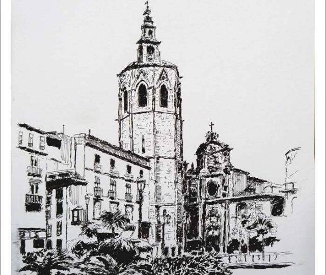 Dibujo a tinta y aguada de la Torre del Miguelete en Valencia