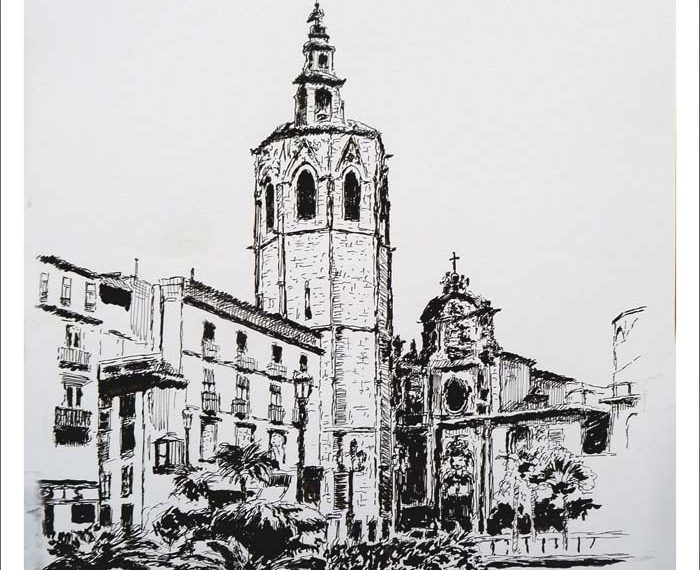 Dibujo a tinta y aguada de la Torre del Miguelete en Valencia