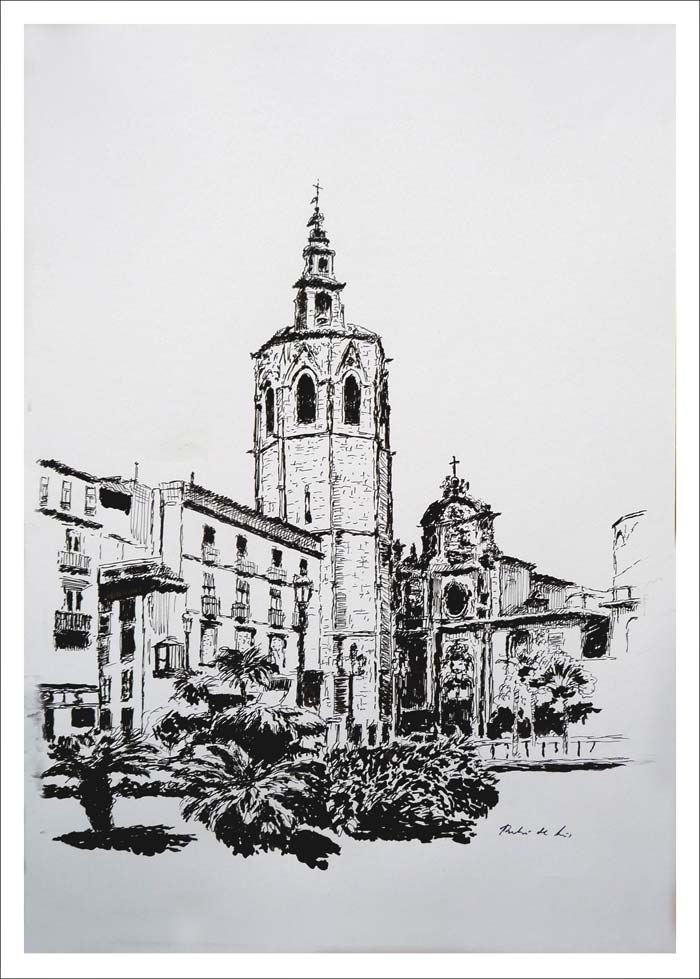 Dibujo a tinta y aguada de la Torre del Miguelete en Valencia