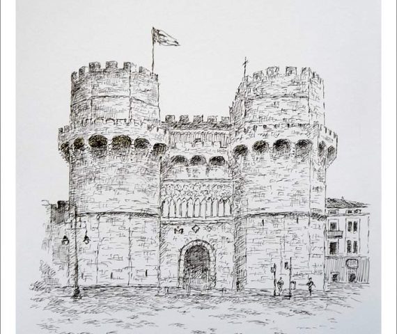 Dibujo de las Torres de Serranos en Valencia