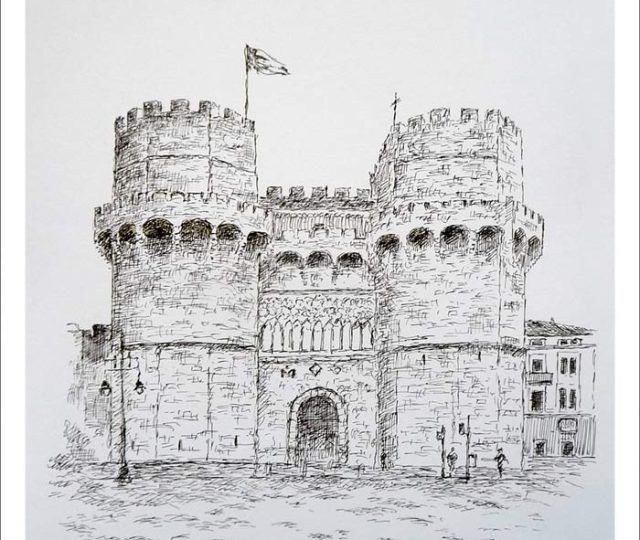 Dibujo de las Torres de Serranos en Valencia