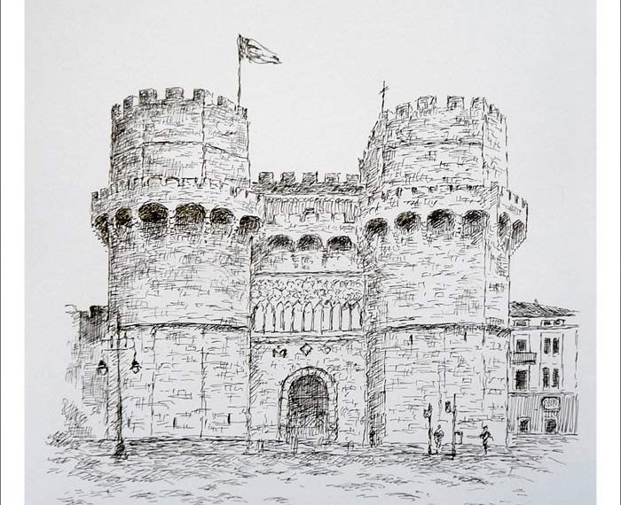 Dibujo de las Torres de Serranos en Valencia