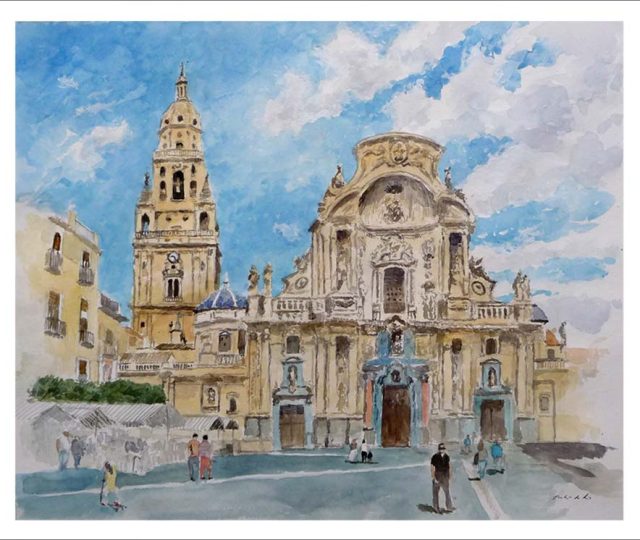 Acuarela de la catedral de Murcia pintada por Rubén de Luis