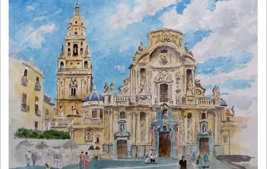 Acuarela de la catedral de Murcia pintada por Rubén de Luis