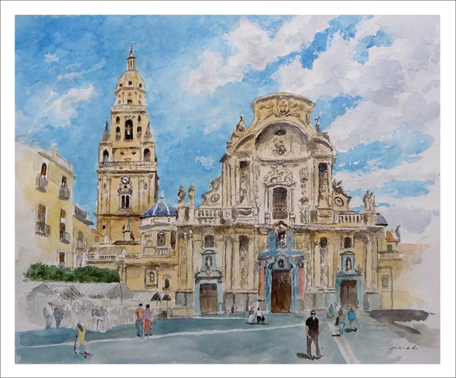 Acuarela de la catedral de Murcia pintada por Rubén de Luis